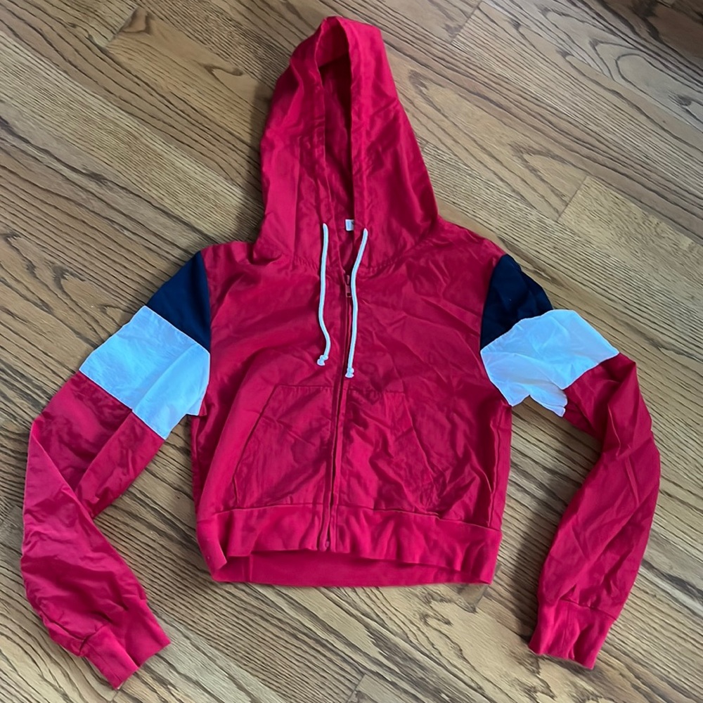 Red, cropped windbreaker with hoodie. Brandy Melville